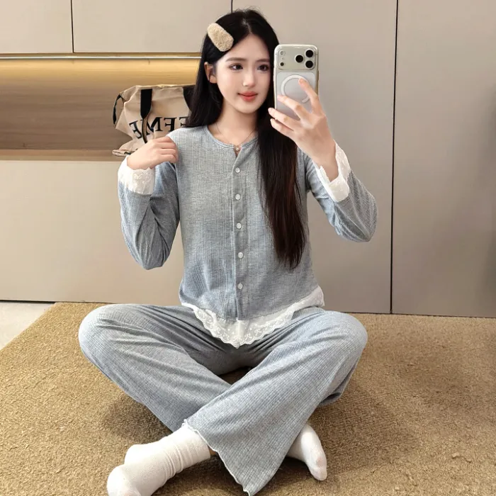 Piama Wanita Bahan Katun 6535 Musim Semi Musim Gugur Gaya Manis ala Ins Cardigan Lengan Panjang Celana Panjang Set Dua Potong Pakaian Rumah Pelajar Bisa Dipakai Keluar · Grosir · OEM · Pengiriman Global - Detail 5