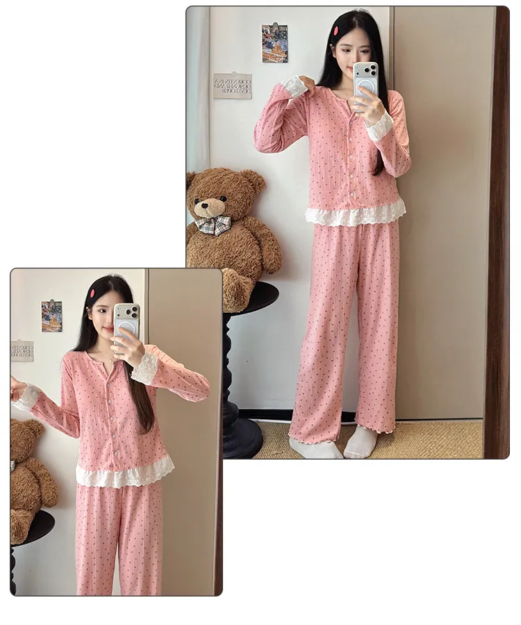 Piama Wanita Bahan Katun 6535 Musim Semi Musim Gugur Gaya Manis ala Ins Cardigan Lengan Panjang Celana Panjang Set Dua Potong Pakaian Rumah Pelajar Bisa Dipakai Keluar · Grosir · OEM · Pengiriman Global - Detail 19
