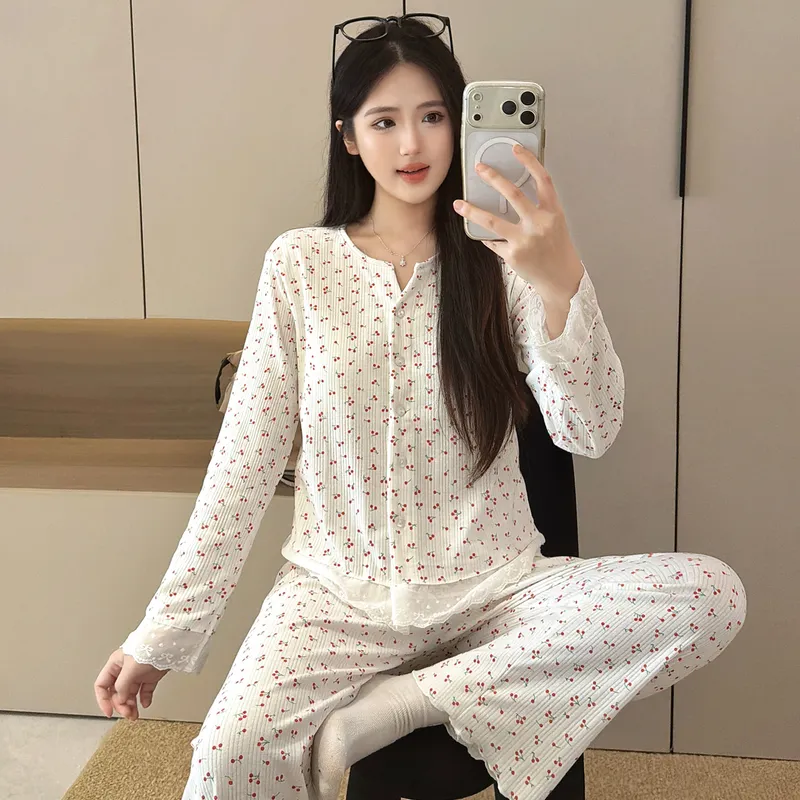 6535 면 파자마 여성 봄가을 시즌 스위트 인스풍 오픈 카디건 긴팔 긴바지 투피스 학생 홈웨어 외출복 · 도매 · OEM · 전 세계 배송 - View 1
