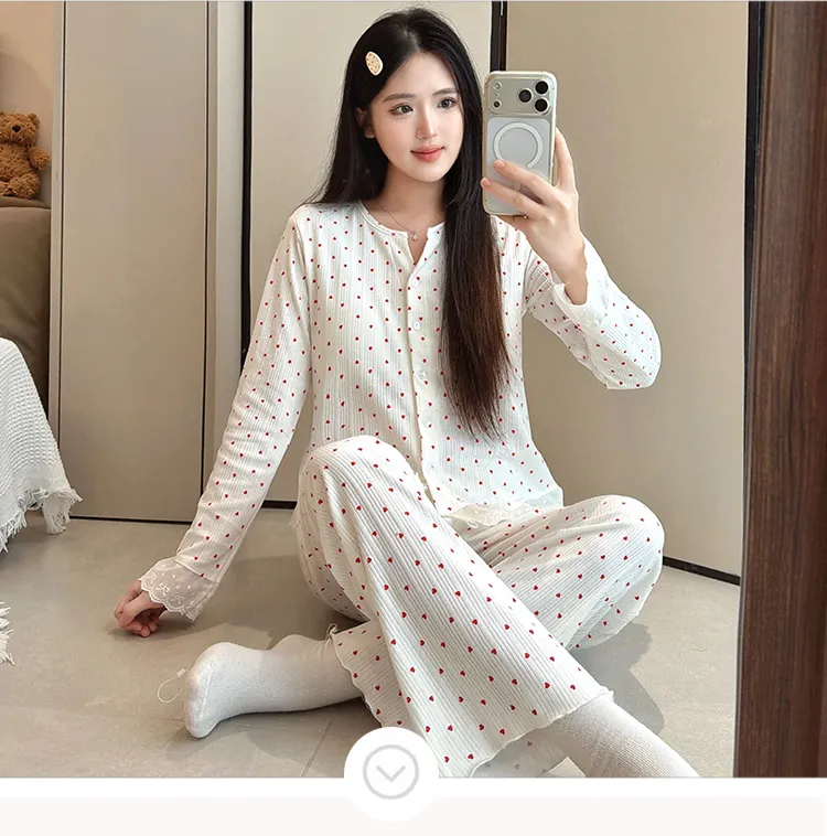 6535 면 파자마 여성 봄가을 시즌 스위트 인스풍 오픈 카디건 긴팔 긴바지 투피스 학생 홈웨어 외출복 · 도매 · OEM · 전 세계 배송 - Detail 15