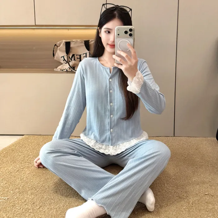 6535 면 파자마 여성 봄가을 시즌 스위트 인스풍 오픈 카디건 긴팔 긴바지 투피스 학생 홈웨어 외출복 · 도매 · OEM · 전 세계 배송 - Detail 6
