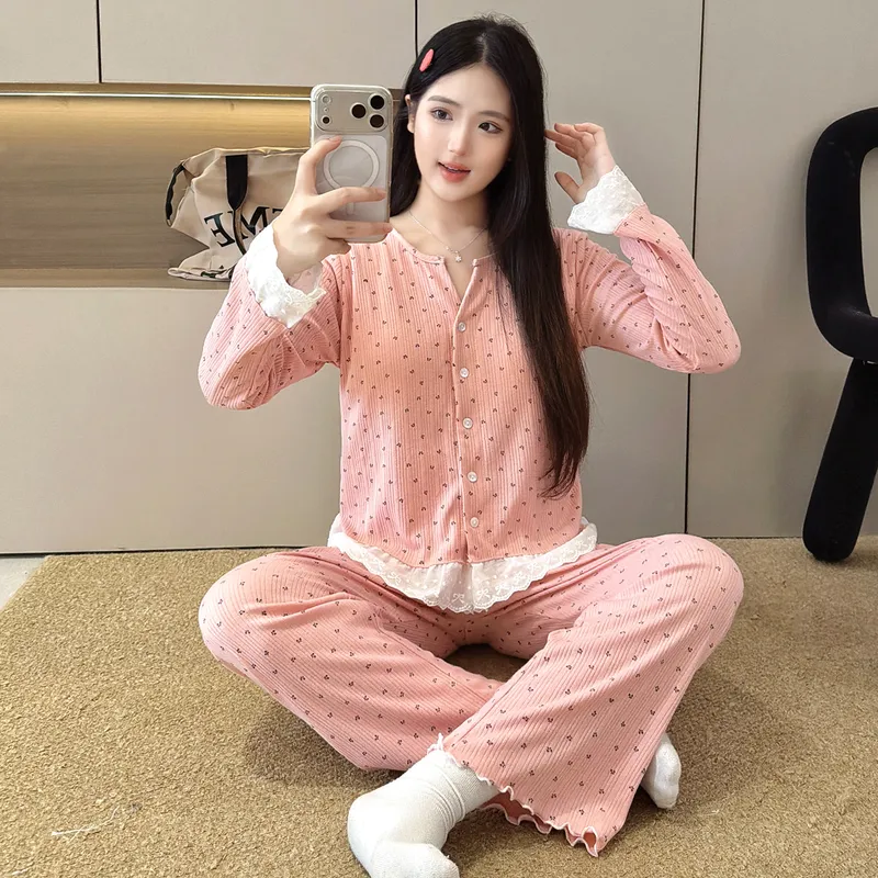 Piama Wanita Bahan Katun 6535 Musim Semi Musim Gugur Gaya Manis ala Ins Cardigan Lengan Panjang Celana Panjang Set Dua Potong Pakaian Rumah Pelajar Bisa Dipakai Keluar · Grosir · OEM · Pengiriman Global