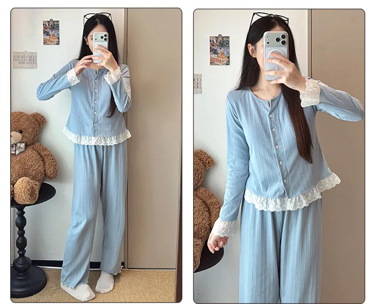 Piama Wanita Bahan Katun 6535 Musim Semi Musim Gugur Gaya Manis ala Ins Cardigan Lengan Panjang Celana Panjang Set Dua Potong Pakaian Rumah Pelajar Bisa Dipakai Keluar · Grosir · OEM · Pengiriman Global - Detail 28