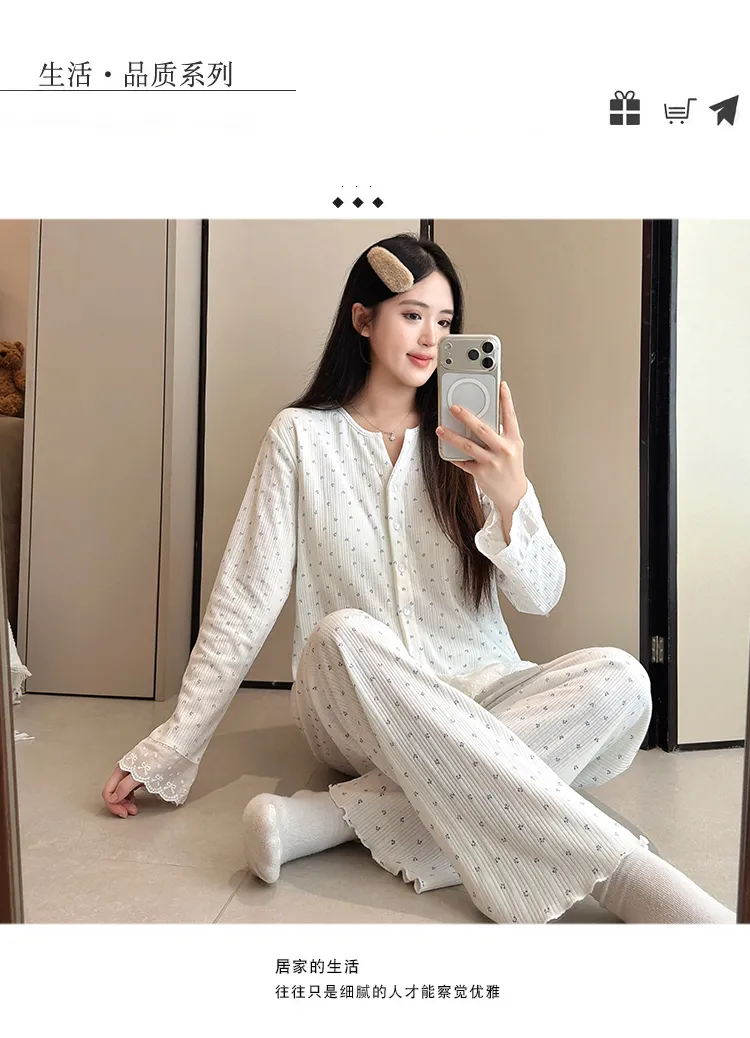 6535 면 파자마 여성 봄가을 시즌 스위트 인스풍 오픈 카디건 긴팔 긴바지 투피스 학생 홈웨어 외출복 · 도매 · OEM · 전 세계 배송 - Detail 29