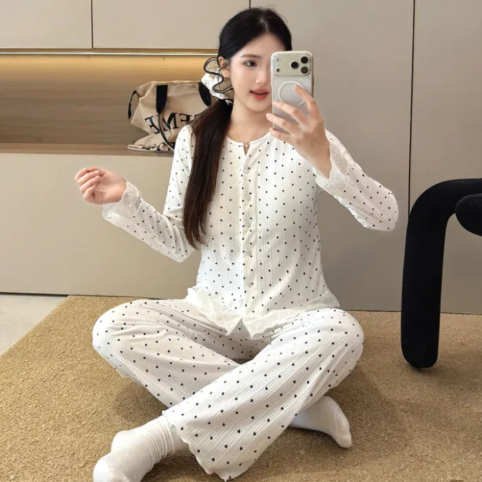 6535 면 파자마 여성 봄가을 시즌 스위트 인스풍 오픈 카디건 긴팔 긴바지 투피스 학생 홈웨어 외출복 · 도매 · OEM · 전 세계 배송 - Detail 4