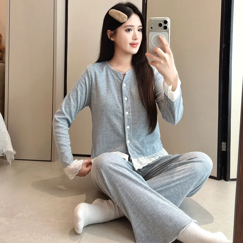 بيجامة نسائية من قطن 6535 للربيع والخريف، طقم من قطعتين بأسلوب حلو على طريقة ins، سترة بأكمام طويلة وبنطال طويل، ملابس منزلية للطلاب قابلة للارتداء خارج المنزل · بيع بالجملة · تصنيع حسب الطلب · شحن عالمي - View 3