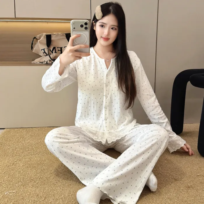 Piama Wanita Bahan Katun 6535 Musim Semi Musim Gugur Gaya Manis ala Ins Cardigan Lengan Panjang Celana Panjang Set Dua Potong Pakaian Rumah Pelajar Bisa Dipakai Keluar · Grosir · OEM · Pengiriman Global - Detail 7