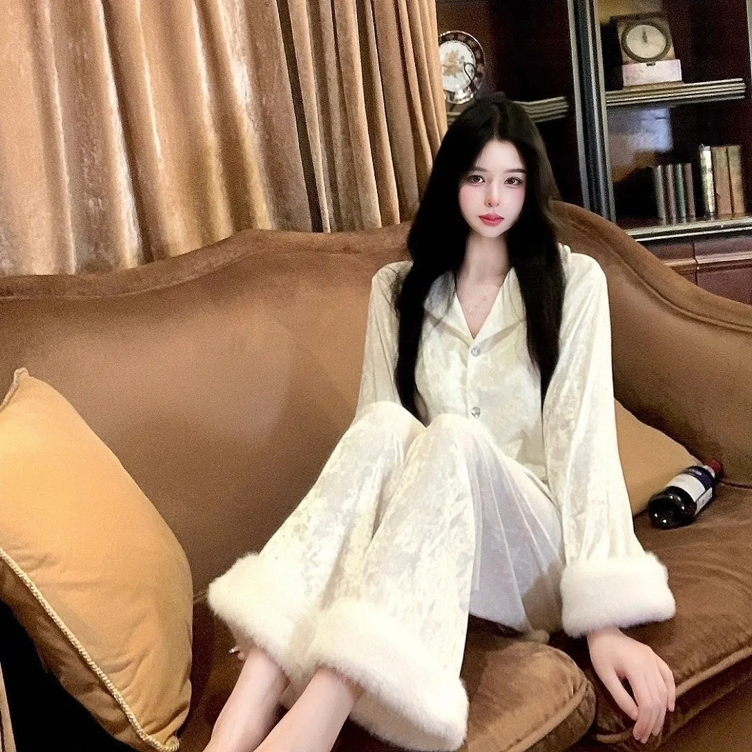 Gambar online piyama velvet bulu imitasi mewah rasa premium nyonya muda lengan panjang musim gugur musim dingin set velvet · Grosir · OEM · Pengiriman Global - Detail 3