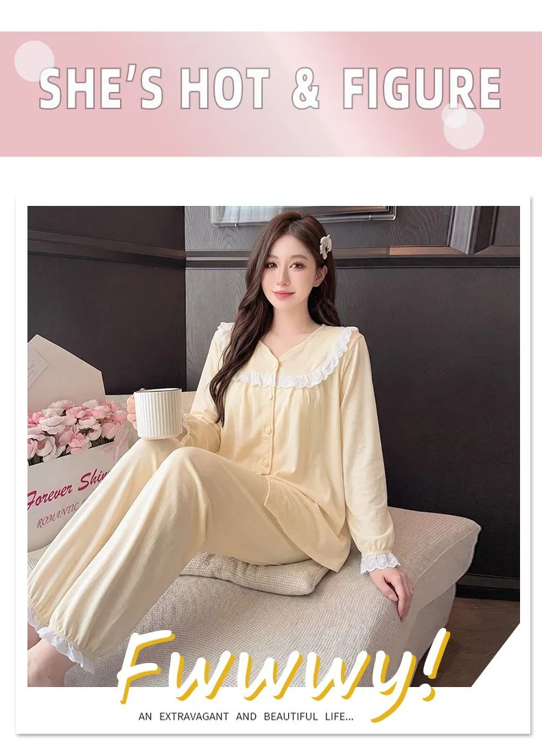 Sheep Wool Autumn Winter New Women's Pajamas Sweet V-Neck Plus Size Lace Cardigan Princess Long Sleeve Set Loungewear · Wholesale · OEM · Worldwide Shipping - Detail 19
