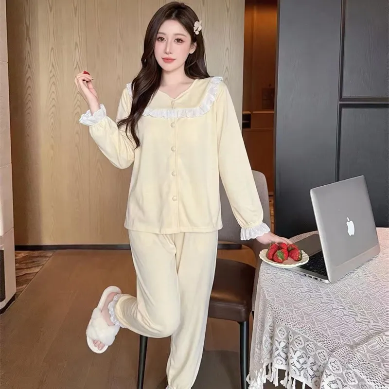 Sheep Wool Autumn Winter New Women's Pajamas Sweet V-Neck Plus Size Lace Cardigan Princess Long Sleeve Set Loungewear · Wholesale · OEM · Worldwide Shipping - View 4