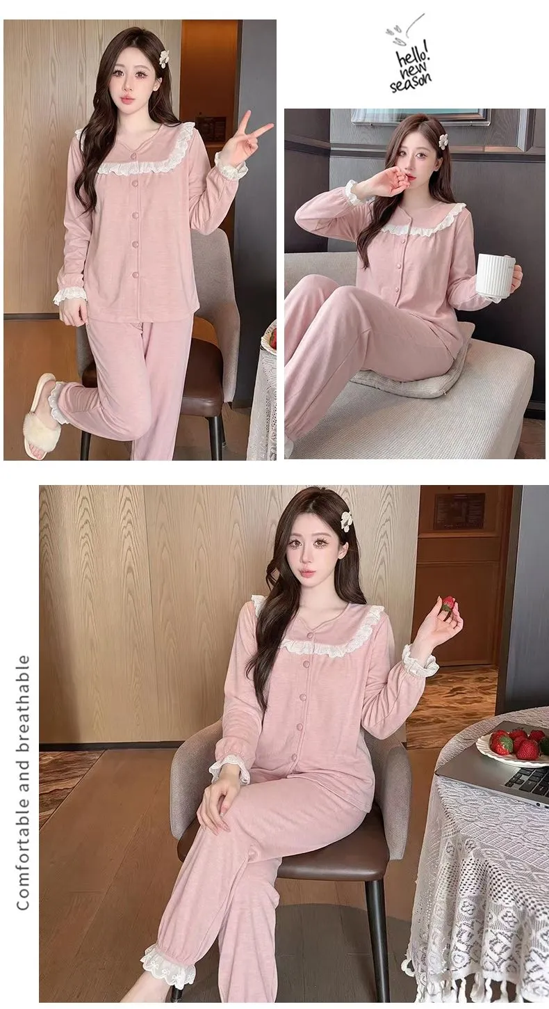 Sheep Wool Autumn Winter New Women's Pajamas Sweet V-Neck Plus Size Lace Cardigan Princess Long Sleeve Set Loungewear · Wholesale · OEM · Worldwide Shipping - Detail 24