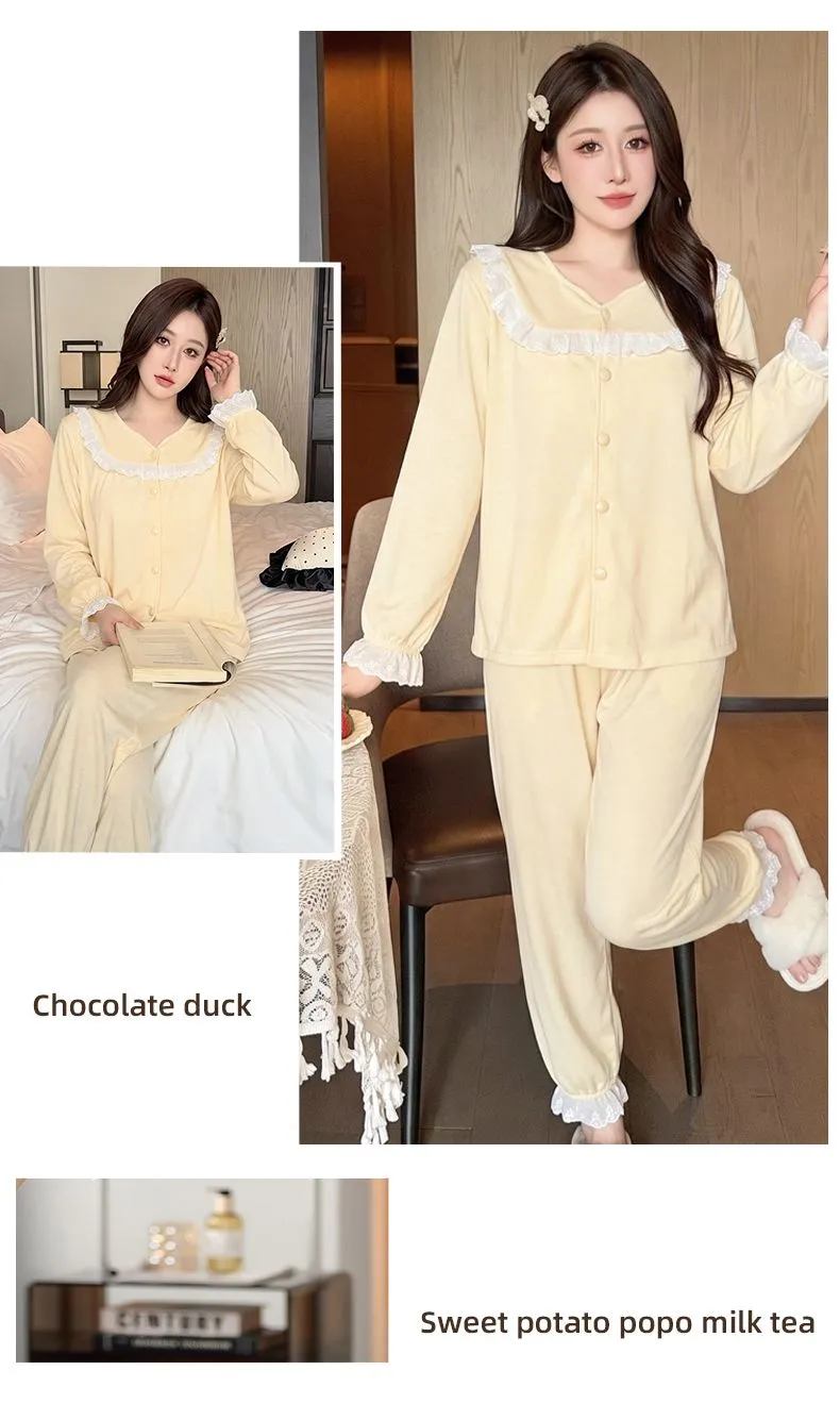 Sheep Wool Autumn Winter New Women's Pajamas Sweet V-Neck Plus Size Lace Cardigan Princess Long Sleeve Set Loungewear · Wholesale · OEM · Worldwide Shipping - Detail 18