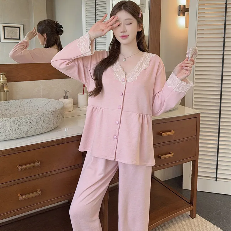 Sheep Wool Autumn Winter New Women's Pajamas Sweet V-Neck Plus Size Lace Cardigan Princess Long Sleeve Set Loungewear · Wholesale · OEM · Worldwide Shipping - Detail 1