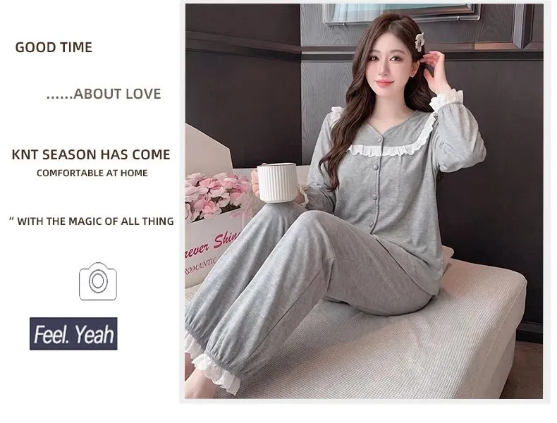 Sheep Wool Autumn Winter New Women's Pajamas Sweet V-Neck Plus Size Lace Cardigan Princess Long Sleeve Set Loungewear · Wholesale · OEM · Worldwide Shipping - Detail 14