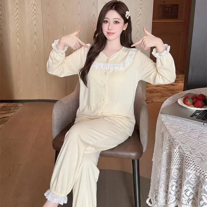 Sheep Wool Autumn Winter New Women's Pajamas Sweet V-Neck Plus Size Lace Cardigan Princess Long Sleeve Set Loungewear · Wholesale · OEM · Worldwide Shipping - View 1