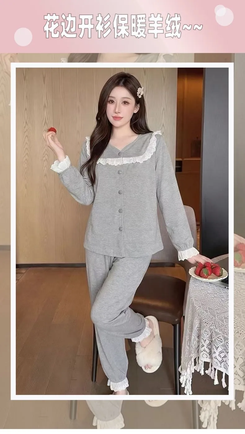 Sheep Wool Autumn Winter New Women's Pajamas Sweet V-Neck Plus Size Lace Cardigan Princess Long Sleeve Set Loungewear · Wholesale · OEM · Worldwide Shipping - Detail 8