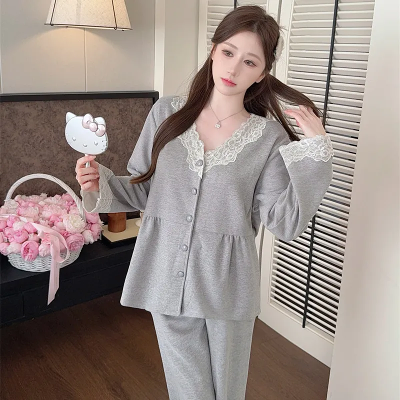Sheep Wool Autumn Winter New Women's Pajamas Sweet V-Neck Plus Size Lace Cardigan Princess Long Sleeve Set Loungewear · Wholesale · OEM · Worldwide Shipping - Detail 2