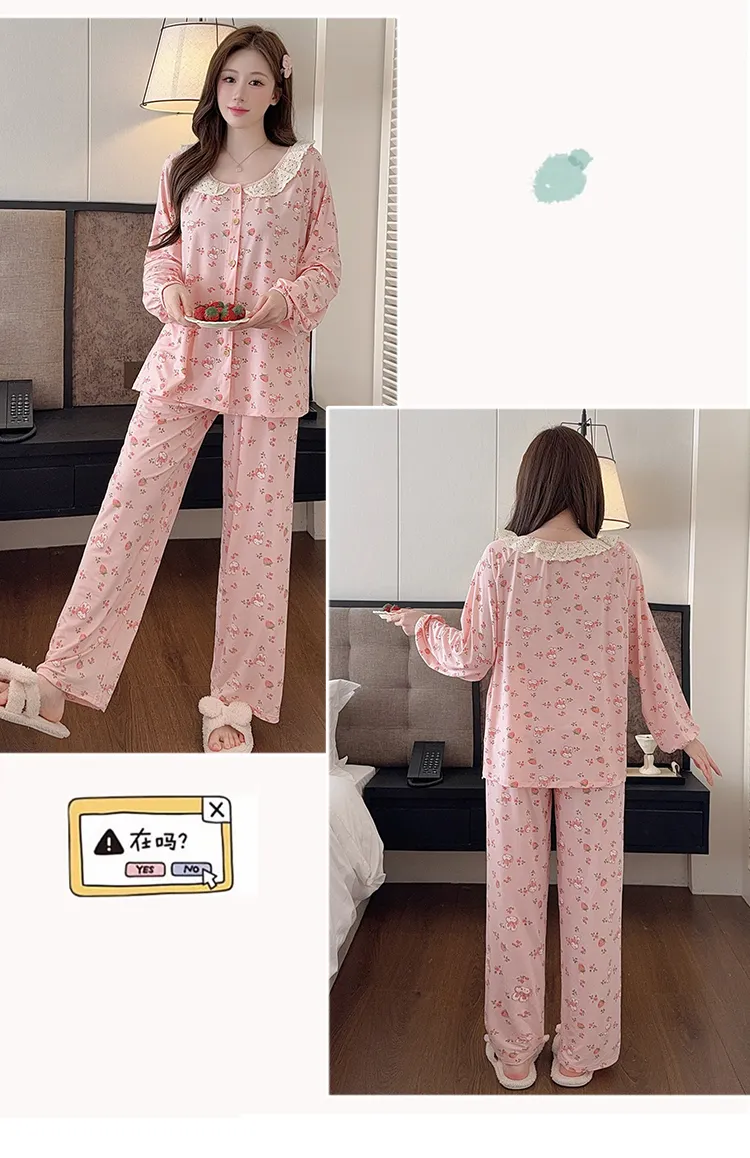 Lyocell Pajamas Women Spring Autumn Sweet Style Cardigan Long Sleeve Long Pants Loose Plus Size 220 Jin Chubby MM Loungewear · Wholesale · OEM · Worldwide Shipping - Detail 11