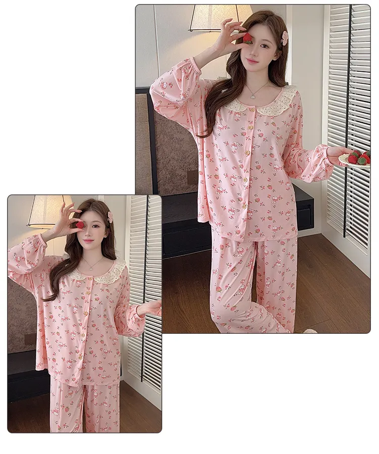 Lyocell Pajamas Women Spring Autumn Sweet Style Cardigan Long Sleeve Long Pants Loose Plus Size 220 Jin Chubby MM Loungewear · Wholesale · OEM · Worldwide Shipping - Detail 14
