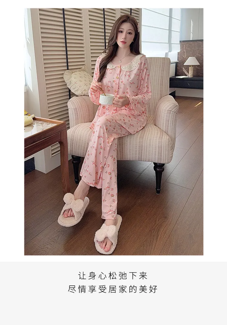 Lyocell Pajamas Women Spring Autumn Sweet Style Cardigan Long Sleeve Long Pants Loose Plus Size 220 Jin Chubby MM Loungewear · Wholesale · OEM · Worldwide Shipping - Detail 12