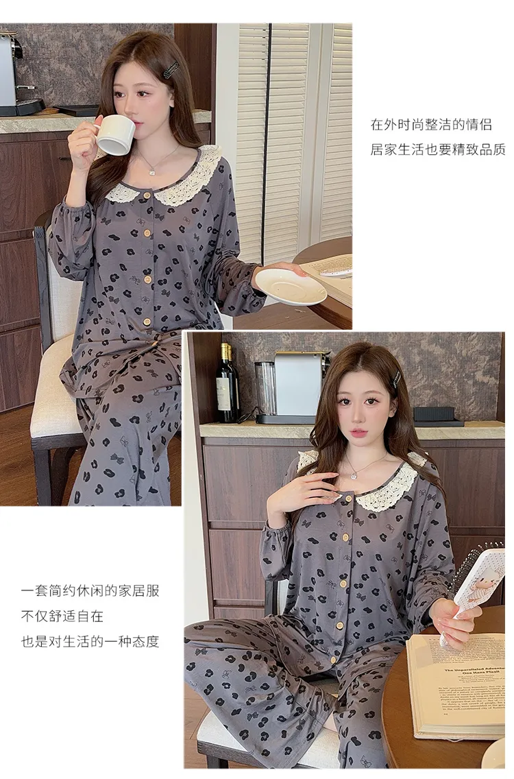 Lyocell Pajamas Women Spring Autumn Sweet Style Cardigan Long Sleeve Long Pants Loose Plus Size 220 Jin Chubby MM Loungewear · Wholesale · OEM · Worldwide Shipping - Detail 19
