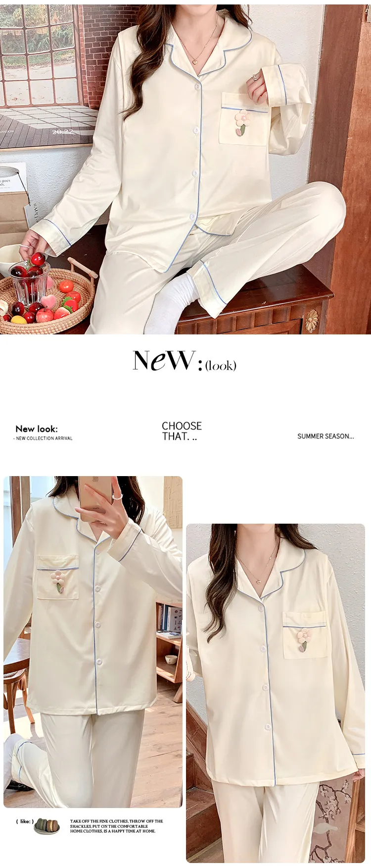 Pyjama de grossesse Belle au bois dormant avec coussinets de poitrine fixes, imitation coton, col revers, gilet, style coréen, tenue de confinement, allaitement, manches longues, tenue d'intérieur · Grossiste · OEM · Mondial - Detail 34