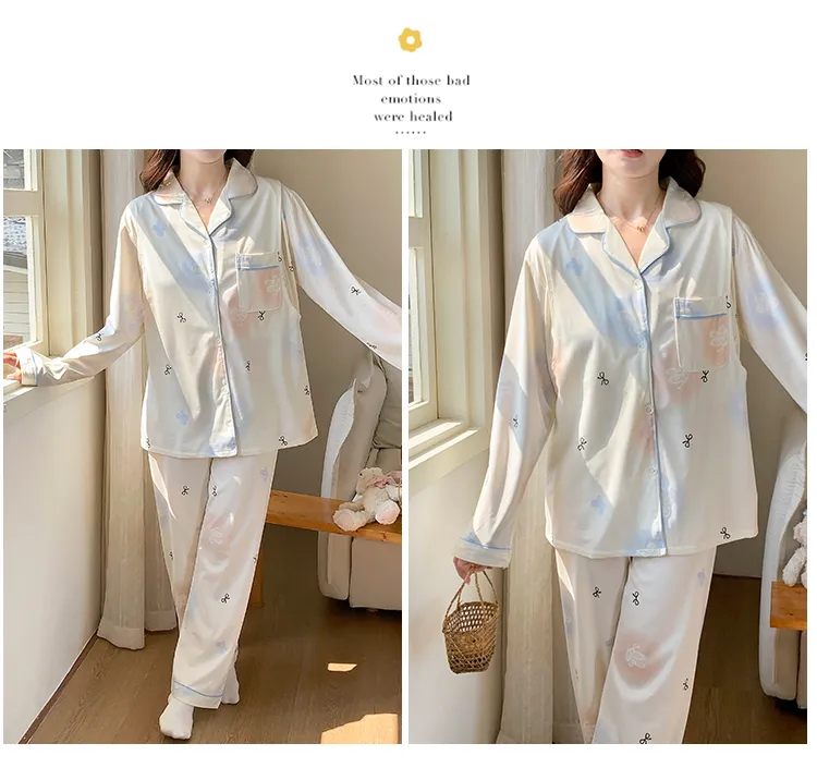 Pyjama de grossesse Belle au bois dormant avec coussinets de poitrine fixes, imitation coton, col revers, gilet, style coréen, tenue de confinement, allaitement, manches longues, tenue d'intérieur · Grossiste · OEM · Mondial - Detail 23