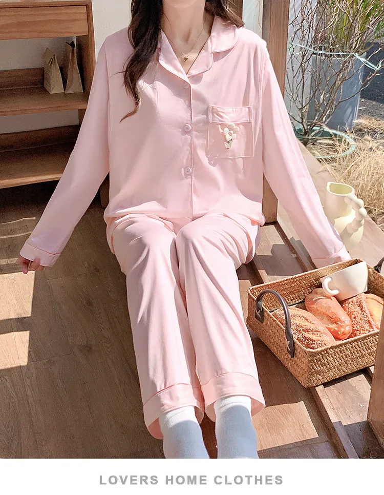 Pyjama de grossesse Belle au bois dormant avec coussinets de poitrine fixes, imitation coton, col revers, gilet, style coréen, tenue de confinement, allaitement, manches longues, tenue d'intérieur · Grossiste · OEM · Mondial - Detail 29