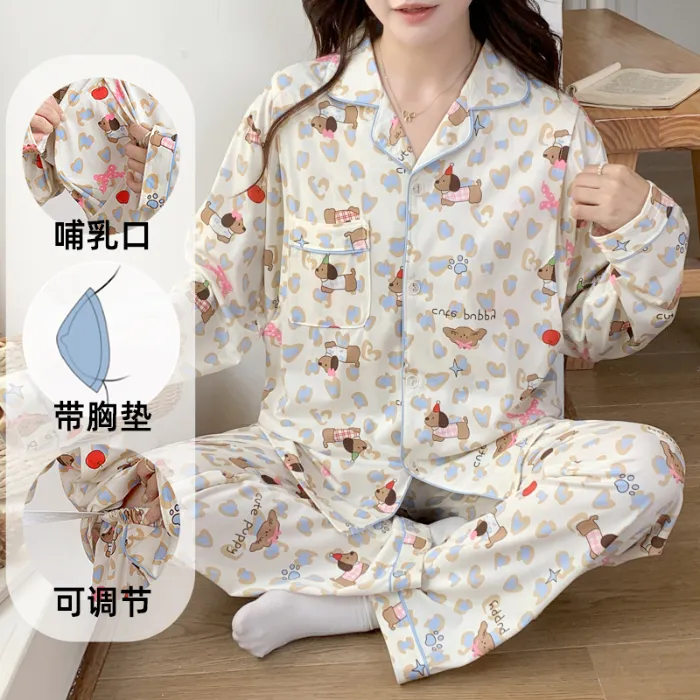 Pyjama de grossesse Belle au bois dormant avec coussinets de poitrine fixes, imitation coton, col revers, gilet, style coréen, tenue de confinement, allaitement, manches longues, tenue d'intérieur · Grossiste · OEM · Mondial - Detail 4