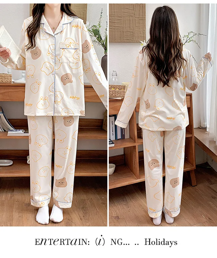Pyjama de grossesse Belle au bois dormant avec coussinets de poitrine fixes, imitation coton, col revers, gilet, style coréen, tenue de confinement, allaitement, manches longues, tenue d'intérieur · Grossiste · OEM · Mondial - Detail 11