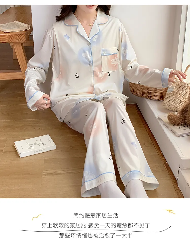 Pyjama de grossesse Belle au bois dormant avec coussinets de poitrine fixes, imitation coton, col revers, gilet, style coréen, tenue de confinement, allaitement, manches longues, tenue d'intérieur · Grossiste · OEM · Mondial - Detail 22
