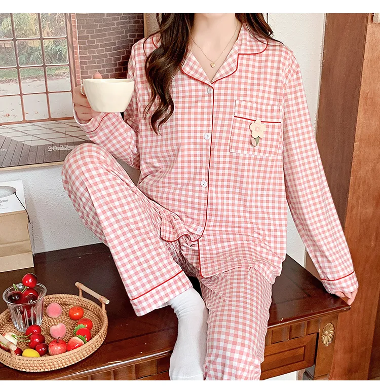 Pyjama de grossesse Belle au bois dormant avec coussinets de poitrine fixes, imitation coton, col revers, gilet, style coréen, tenue de confinement, allaitement, manches longues, tenue d'intérieur · Grossiste · OEM · Mondial - Detail 14