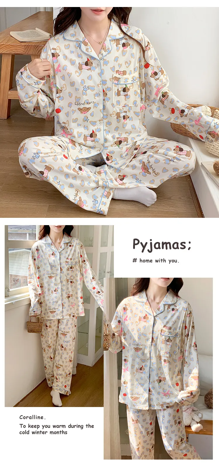 Pyjama de grossesse Belle au bois dormant avec coussinets de poitrine fixes, imitation coton, col revers, gilet, style coréen, tenue de confinement, allaitement, manches longues, tenue d'intérieur · Grossiste · OEM · Mondial - Detail 20