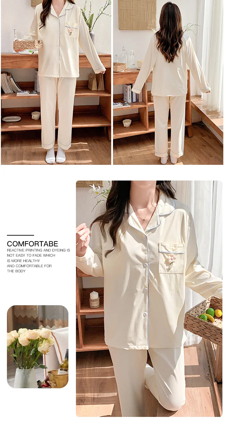 Pyjama de grossesse Belle au bois dormant avec coussinets de poitrine fixes, imitation coton, col revers, gilet, style coréen, tenue de confinement, allaitement, manches longues, tenue d'intérieur · Grossiste · OEM · Mondial - Detail 33
