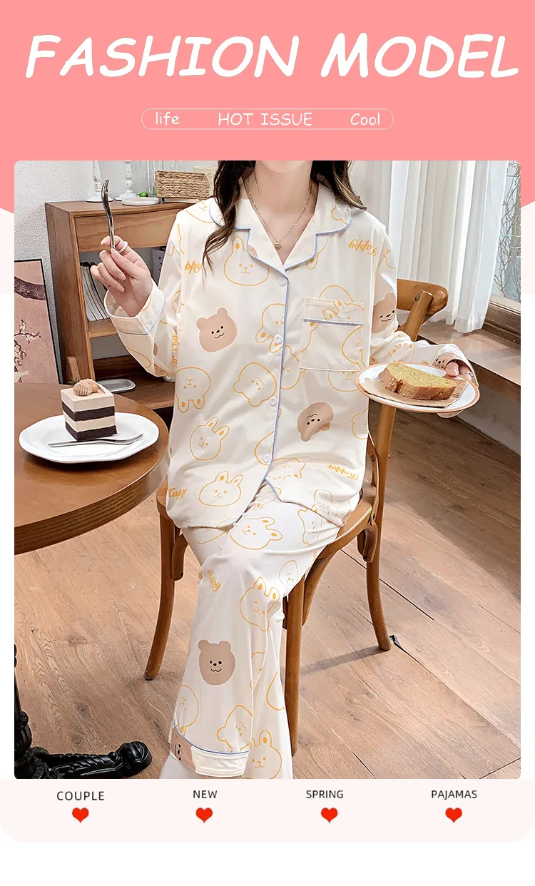 Pyjama de grossesse Belle au bois dormant avec coussinets de poitrine fixes, imitation coton, col revers, gilet, style coréen, tenue de confinement, allaitement, manches longues, tenue d'intérieur · Grossiste · OEM · Mondial - Detail 5