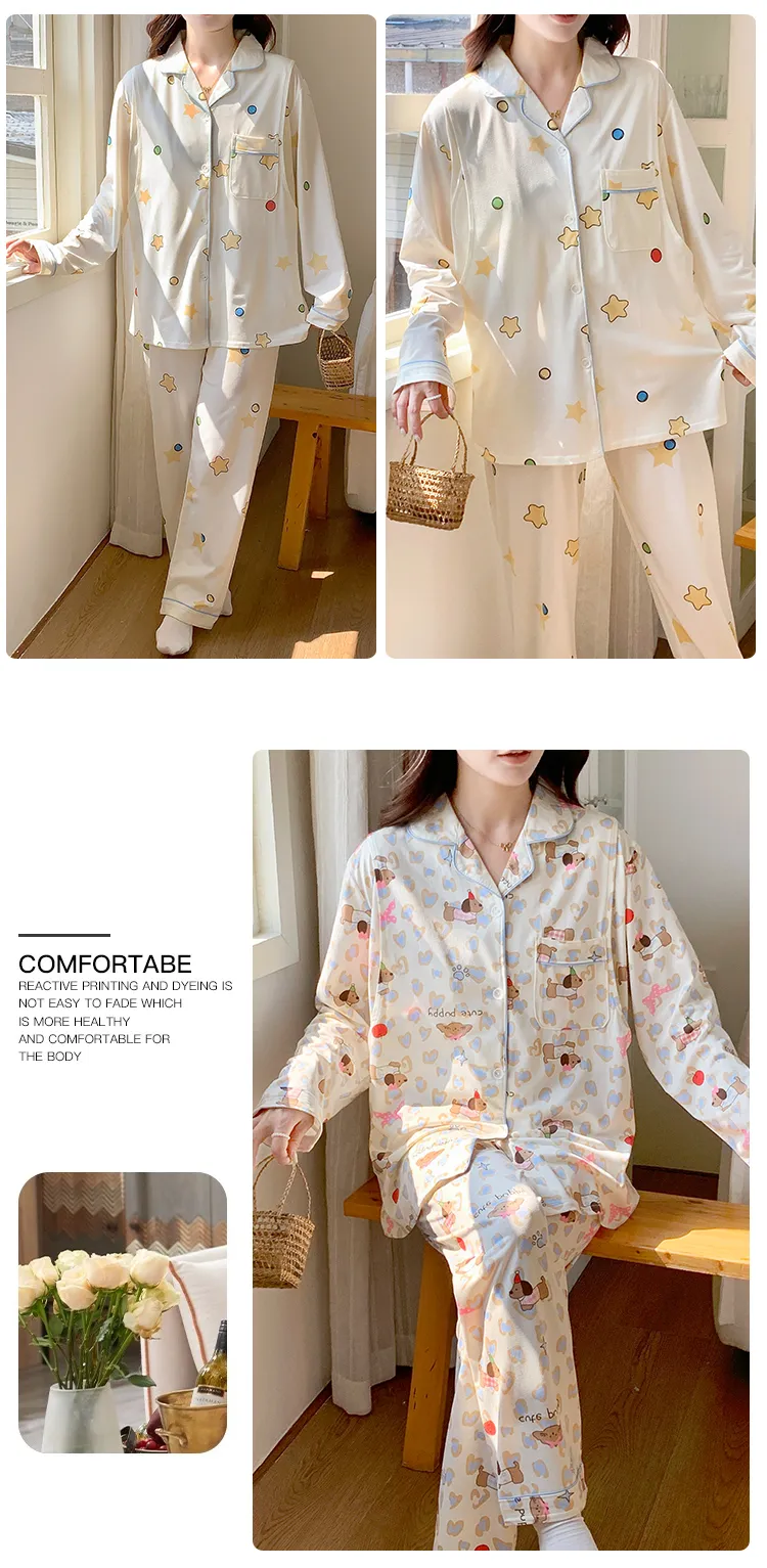 Pyjama de grossesse Belle au bois dormant avec coussinets de poitrine fixes, imitation coton, col revers, gilet, style coréen, tenue de confinement, allaitement, manches longues, tenue d'intérieur · Grossiste · OEM · Mondial - Detail 19