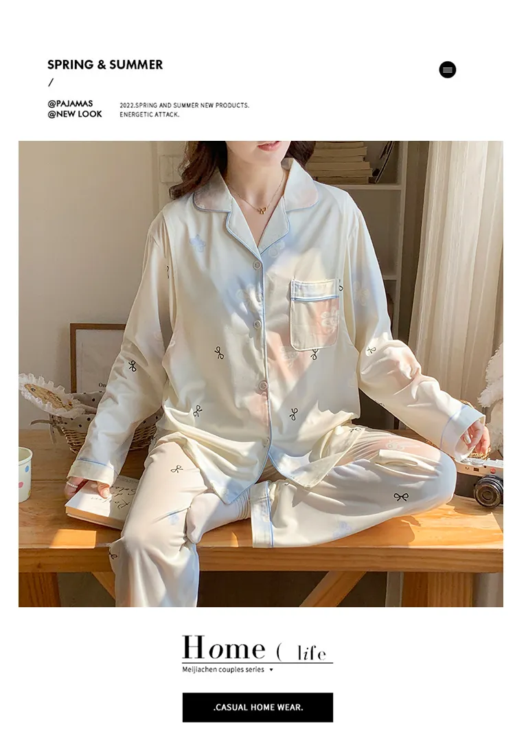 Pyjama de grossesse Belle au bois dormant avec coussinets de poitrine fixes, imitation coton, col revers, gilet, style coréen, tenue de confinement, allaitement, manches longues, tenue d'intérieur · Grossiste · OEM · Mondial - Detail 21