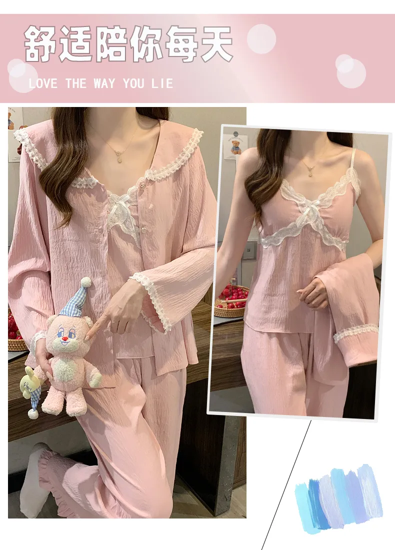 Sleep Beauty Cloud Cotton Pajamas for Women Spring Autumn with Chest Pad Long Sleeve Plus Size 230 Jin Three-Piece Set Loungewear Outerwear · Wholesale · OEM · Worldwide Shipping - Detail 12