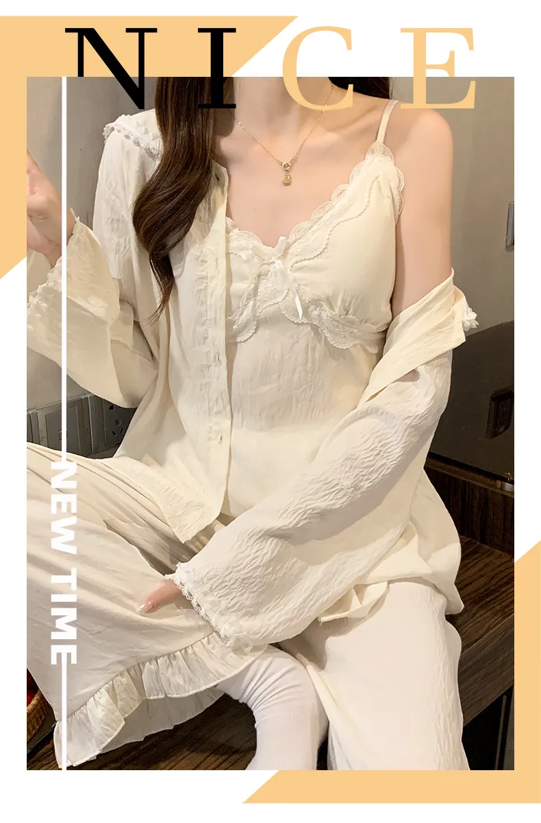 Sleep Beauty Cloud Cotton Pajamas for Women Spring Autumn with Chest Pad Long Sleeve Plus Size 230 Jin Three-Piece Set Loungewear Outerwear · Wholesale · OEM · Worldwide Shipping - Detail 16