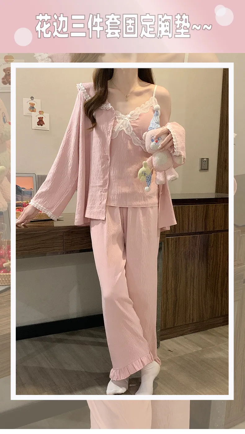 Sleep Beauty Cloud Cotton Pajamas for Women Spring Autumn with Chest Pad Long Sleeve Plus Size 230 Jin Three-Piece Set Loungewear Outerwear · Wholesale · OEM · Worldwide Shipping - Detail 7