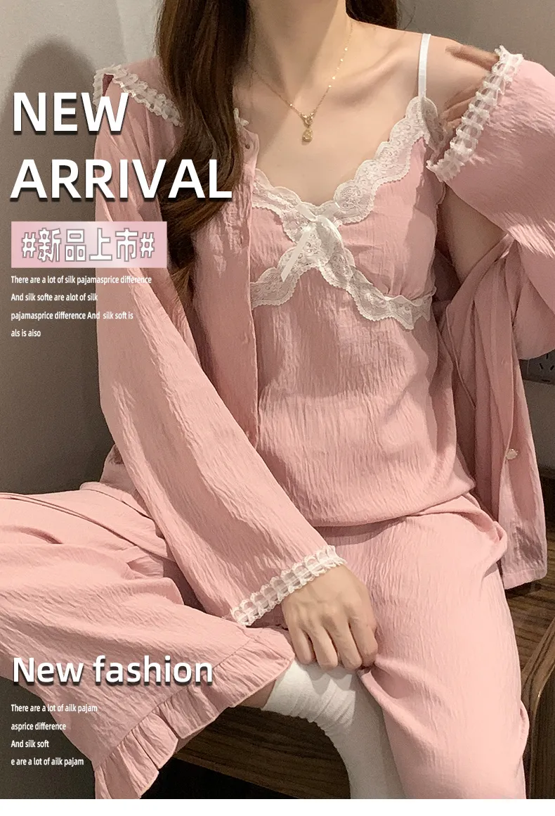 Sleep Beauty Cloud Cotton Pajamas for Women Spring Autumn with Chest Pad Long Sleeve Plus Size 230 Jin Three-Piece Set Loungewear Outerwear · Wholesale · OEM · Worldwide Shipping - Detail 5