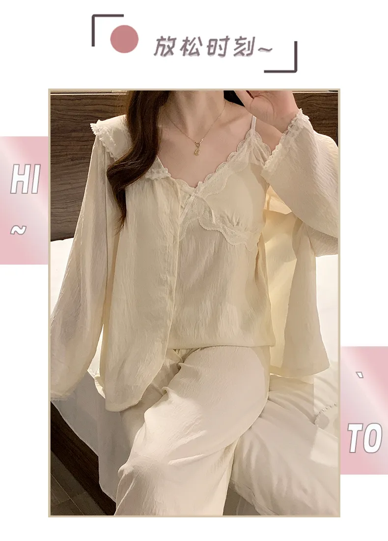 Sleep Beauty Cloud Cotton Pajamas for Women Spring Autumn with Chest Pad Long Sleeve Plus Size 230 Jin Three-Piece Set Loungewear Outerwear · Wholesale · OEM · Worldwide Shipping - Detail 20
