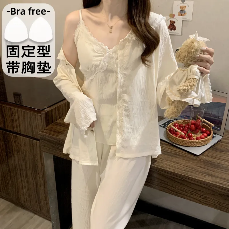 Sleep Beauty Cloud Cotton Pajamas for Women Spring Autumn with Chest Pad Long Sleeve Plus Size 230 Jin Three-Piece Set Loungewear Outerwear · Wholesale · OEM · Worldwide Shipping - View 2