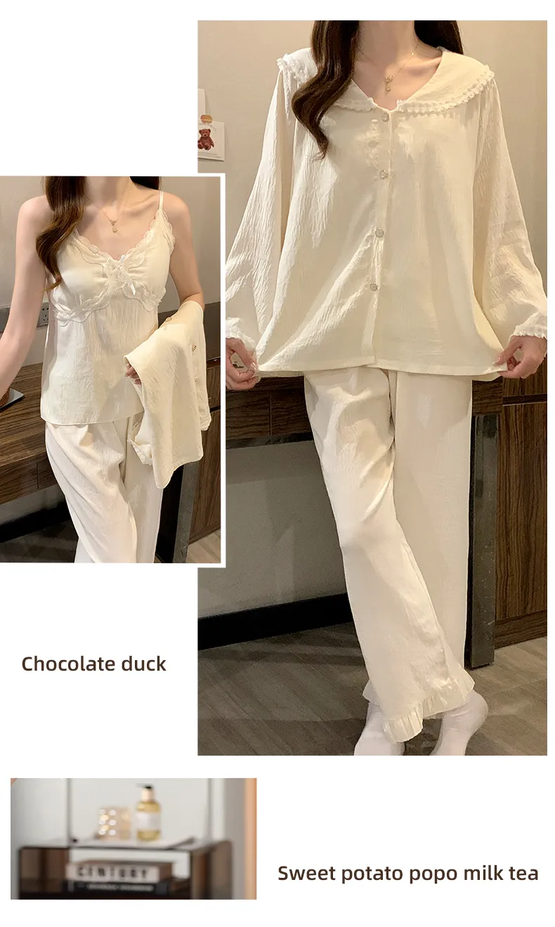 Sleep Beauty Cloud Cotton Pajamas for Women Spring Autumn with Chest Pad Long Sleeve Plus Size 230 Jin Three-Piece Set Loungewear Outerwear · Wholesale · OEM · Worldwide Shipping - Detail 17