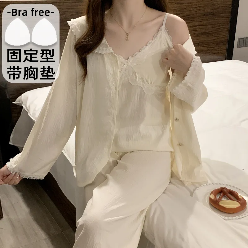 Sleep Beauty Cloud Cotton Pajamas for Women Spring Autumn with Chest Pad Long Sleeve Plus Size 230 Jin Three-Piece Set Loungewear Outerwear · Wholesale · OEM · Worldwide Shipping - View 4