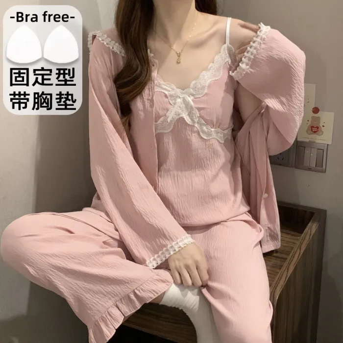 Sleep Beauty Cloud Cotton Pajamas for Women Spring Autumn with Chest Pad Long Sleeve Plus Size 230 Jin Three-Piece Set Loungewear Outerwear · Wholesale · OEM · Worldwide Shipping - Detail 1