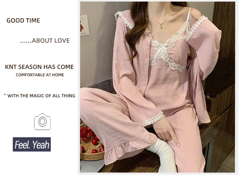 Sleep Beauty Cloud Cotton Pajamas for Women Spring Autumn with Chest Pad Long Sleeve Plus Size 230 Jin Three-Piece Set Loungewear Outerwear · Wholesale · OEM · Worldwide Shipping - Detail 13