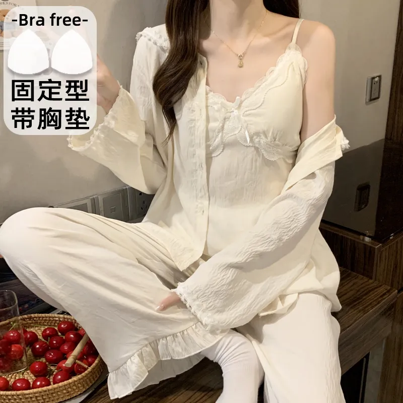 Pyjama femme Belle au bois dormant en coton nuage, avec coussinets intégrés, manches longues, grande taille 230 jin, ensemble 3 pièces, tenue d'intérieur et de sortie · Grossiste · OEM · Mondial