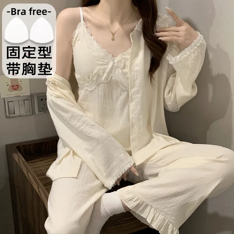 Sleep Beauty Cloud Cotton Pajamas for Women Spring Autumn with Chest Pad Long Sleeve Plus Size 230 Jin Three-Piece Set Loungewear Outerwear · Wholesale · OEM · Worldwide Shipping - View 3