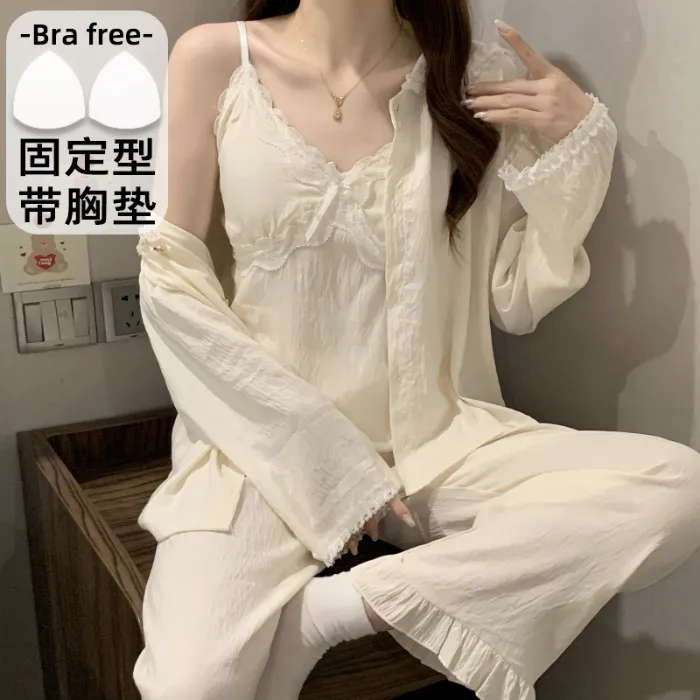 Sleep Beauty Cloud Cotton Pajamas for Women Spring Autumn with Chest Pad Long Sleeve Plus Size 230 Jin Three-Piece Set Loungewear Outerwear · Wholesale · OEM · Worldwide Shipping - Detail 2